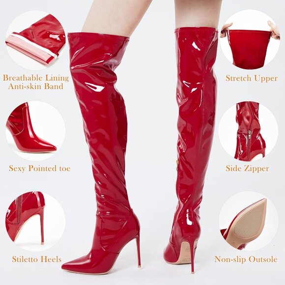 Women Patent Leather Red Polyurethane Over The Knee Stiletto Heel Pointed Boots - Picture 3 of 6